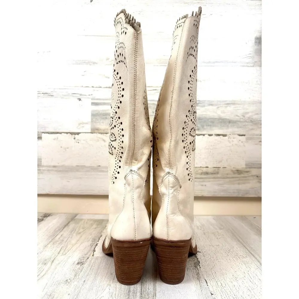 FRU.IT Cream Leather Cut Out Western Calf Boots Womens 40 Vintage Italy Designer